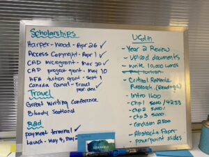 Whiteboard with notes in blue pen