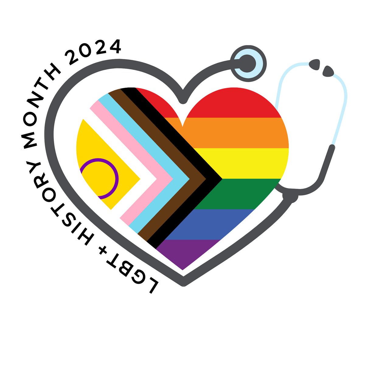 LGBT+ History Month 2024 logo, progress flag heart with stethoscope to indicate Medicine theme