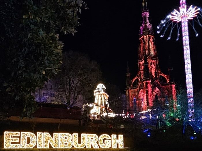 Edinburgh lit up at Christmas time.