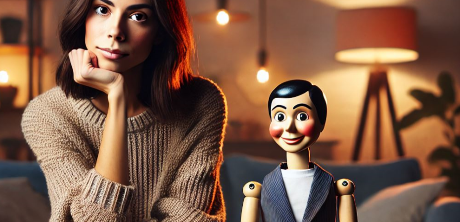 AI-generated image of person sitting next to a ventriloquist