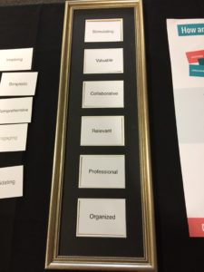 Cards presented in a frame reading: stimulating, valuable, collaborative, relevant, professional, organised