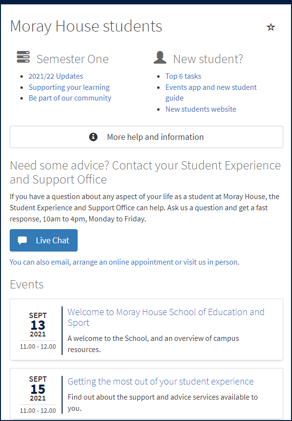Version one of a portlet for students from Moray House School of Education and Sport