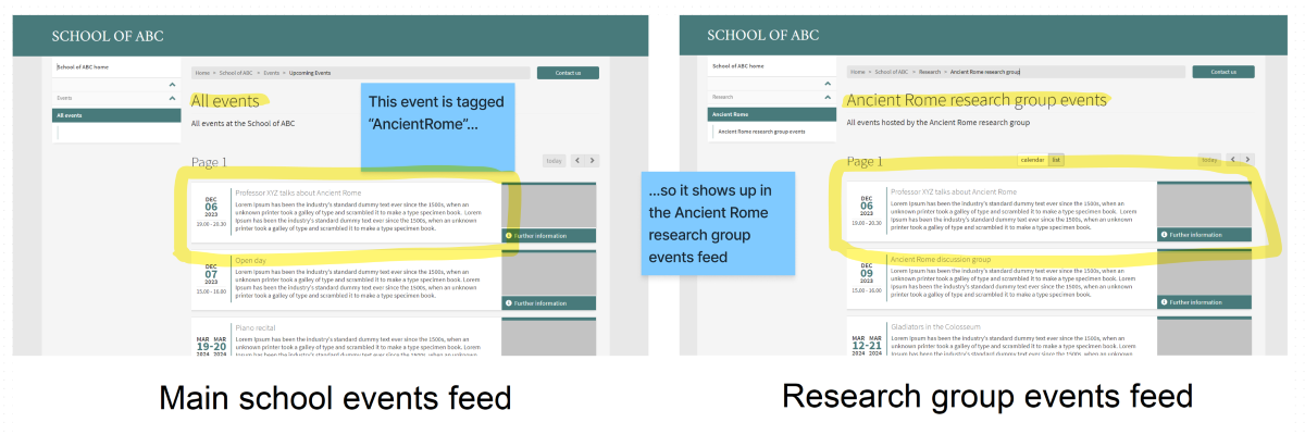 Two mocked up screenshots demonstrating the events feed in EdWeb.