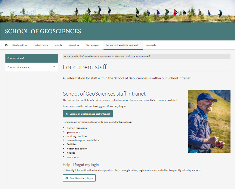 The image shows the webpage 'For current staff', which lists the resources to be found within the GeoSciences SharePoint site.