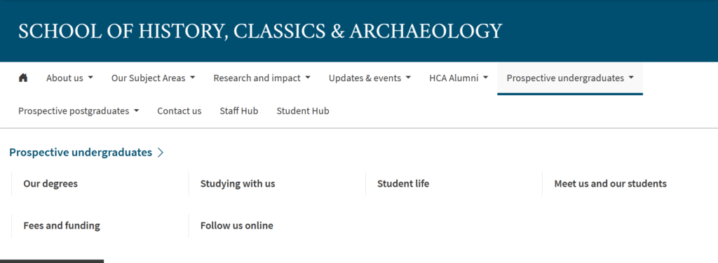 The image shows the History, Classics and Archeaology top menu with the Prospective undergraduate drop list.